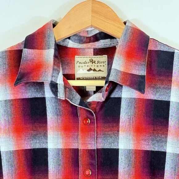 Powder‎ River Outfitters Panhandle Slim Red Plaid Snap Shirt Top Women's Medium - Picture 2 of 7